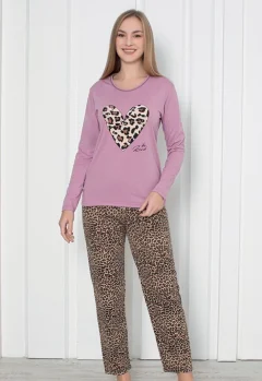 Pijama damă cu mânecă lungă și pantaloni lungi, imprimeu inimă, culoare mov