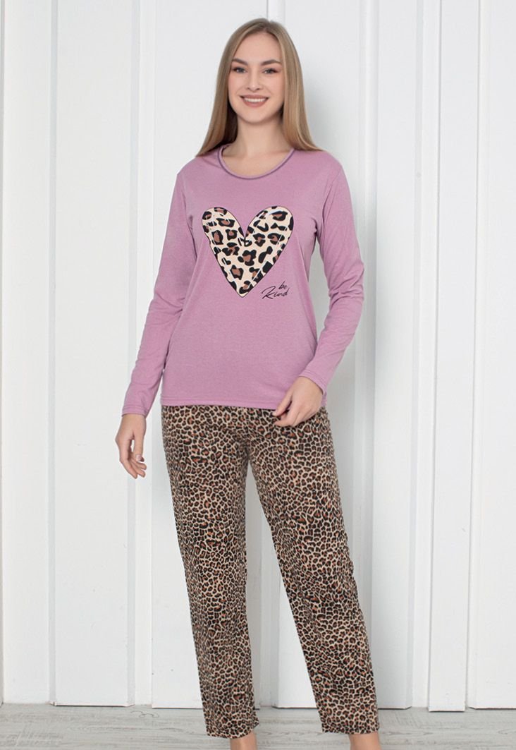 Pijama damă cu mânecă lungă și pantaloni lungi, imprimeu inimă, culoare mov
