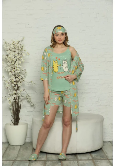 Pijama Dama din Bumbac – 3 piese cu Maiou „Happy Birthday” Pantaloni Scurti si Halat, Masca de Dormit, verde