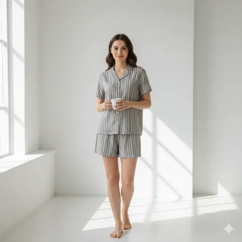 Pijama damă cu bluză cu nasturi, mânecă scurtă și pantaloni scurți, imprimeu dungi, roz/gri