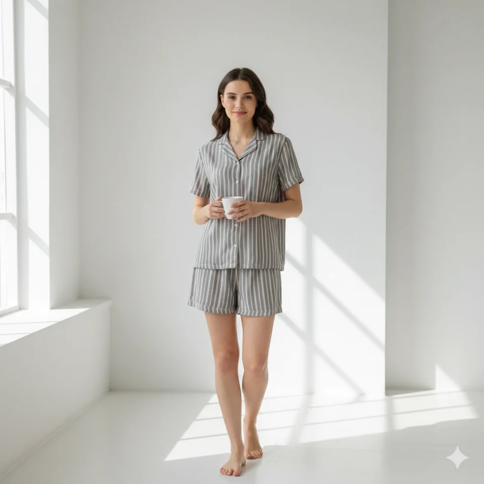 Pijama damă cu bluză cu nasturi, mânecă scurtă și pantaloni scurți, imprimeu dungi, roz/gri