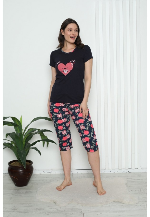 Pijama dama din bumbac cu imprimeu "Inima", maneca scurta si pantaloni 3/4, negru