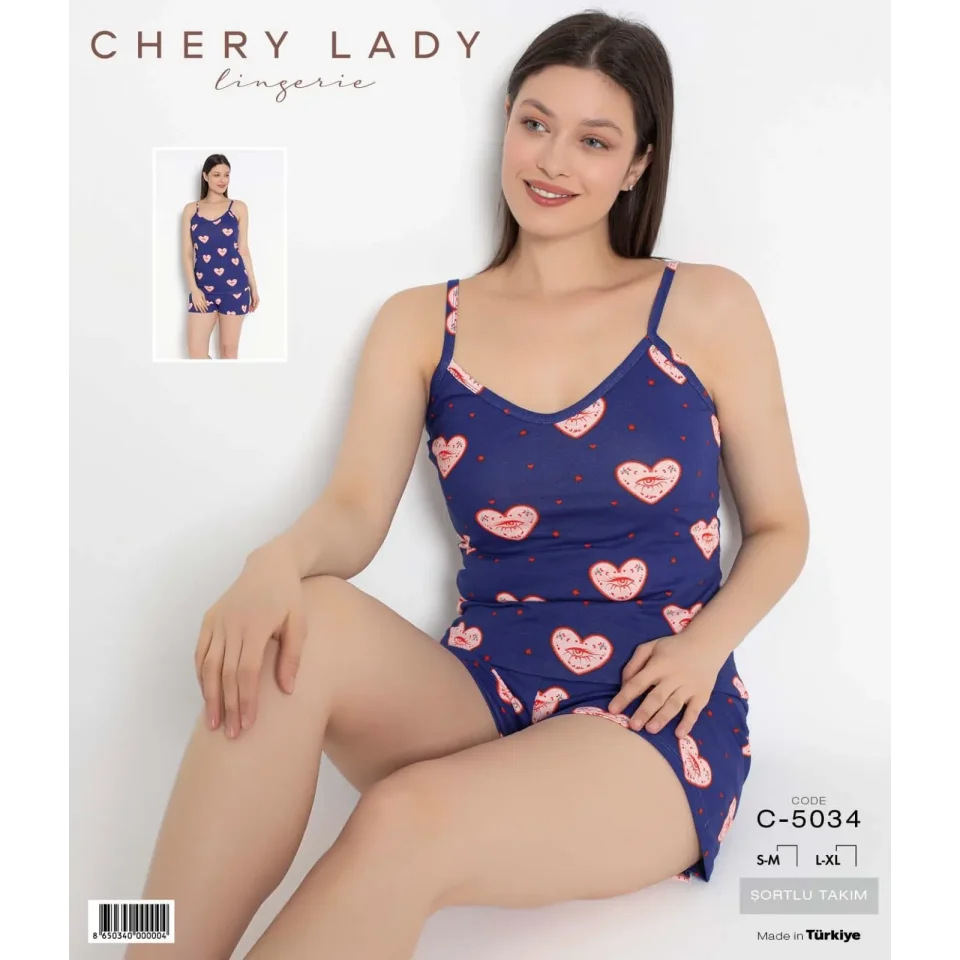 Pijama damă, 100% bumbac, maiou și short, imprimeu inimioare