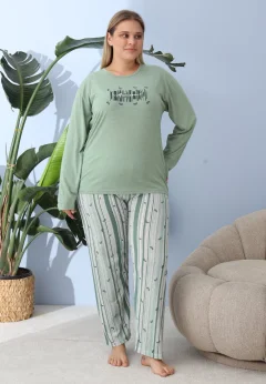 Pijama damă big size verde, imprimeu Awesome, 100% bumbac