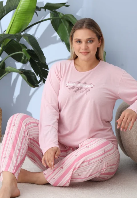 Pijama damă big size roz, imprimeu Believe in Yourself, 100% bumbac