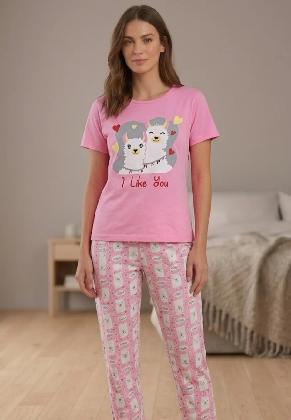 Pijama damă, cu mânecă scurtă  și pantaloni lungi, imprimeu I Like You, roz