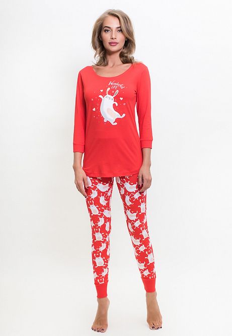 Pijamale damă cu mânecă lungă și pantaloni lungi, imprimeu Wonderful Life, rosu