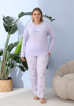 Pijama damă big size lila, imprimeu Keep Things, 100% bumbac