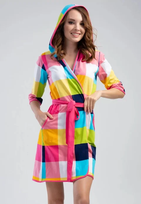 Halat multicolor cu glugă, mânecă lungă, cordon