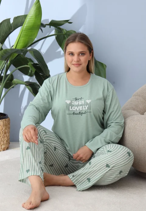 Pijama damă big size verde, imprimeu Just Lovely, 100% bumbac