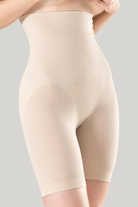 Corset damă modelator cu bandă de silicon si talie înaltă, 3/4, culoare bej