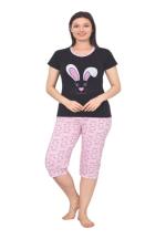 Pijama dama din bumbac, imprimeu capsuni, maneca iepure si pantaloni 3/4, negru