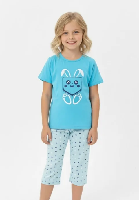 Pijama fete Paște, albastru – tricou bumbac 100% și pantaloni