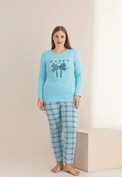 Pijama damă Big Size turcoaz cu mânecă lungă și pantaloni lungi, imprimeu cu fundiță și text „Happy Place”