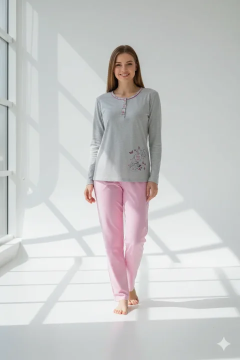 Pijama damă  din bumbac mânecă lungă și pantaloni lungi gri cu  floare