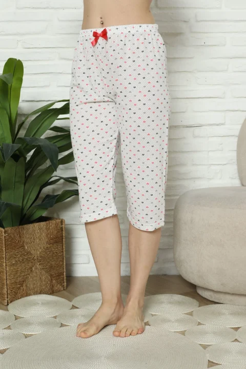 Pantaloni pijama damă 3/4, alb, imprimeu inimi