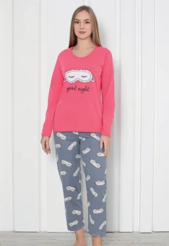 Pijama cu mânecă lungă și pantaloni lungi, imprimeu ,,Good Night", culoare roz
