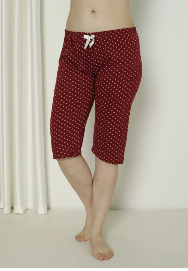 Pantaloni pijama damă 3/4, vișiniu, imprimeu buline