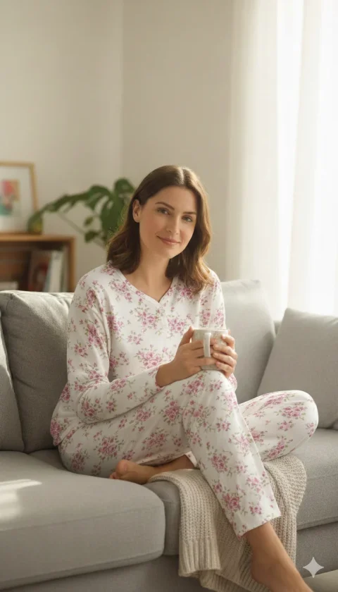 Pijama damă iarnă mărimi mari – albă cu imprimeu flori multicolore