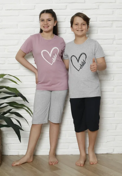 Pijama familie-copii, bumbac, mânecă scurtă și pantaloni 3/4, roz pudrat