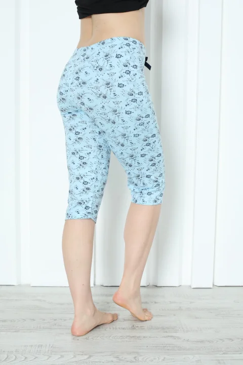 Pantaloni pijama damă 3/4, blue, imprimeu flori