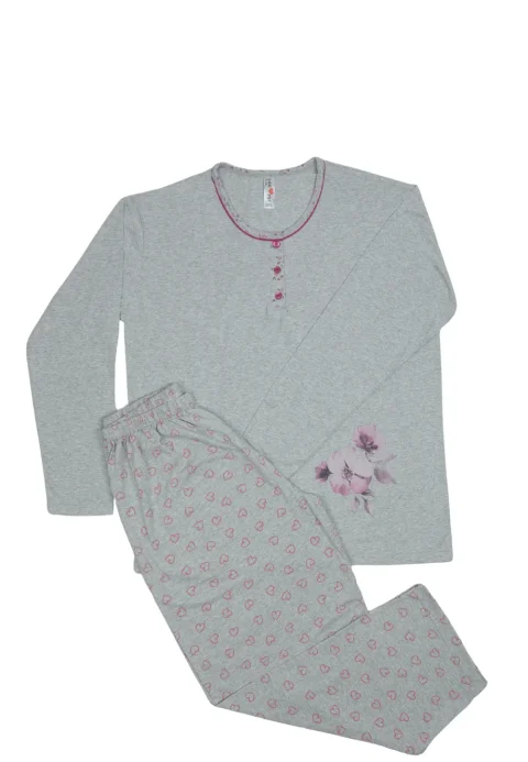 Pijama damă big size din bumbac mânecă lungă și pantaloni lungi gri cu inimioare