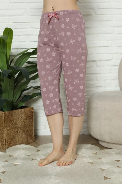 Pantaloni pijama damă 3/4, mov, imprimeu flori