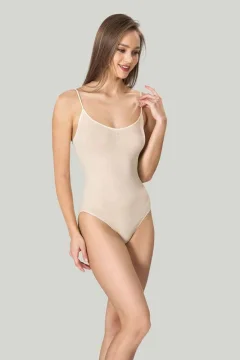 Body modelator dama cu bretele subtiri, material elastic si respirabil de culoare bej