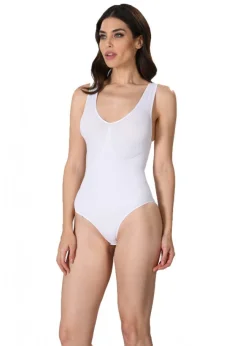 Body modelator dama cu bretele groase, material elastic si respirabil de culoare alb