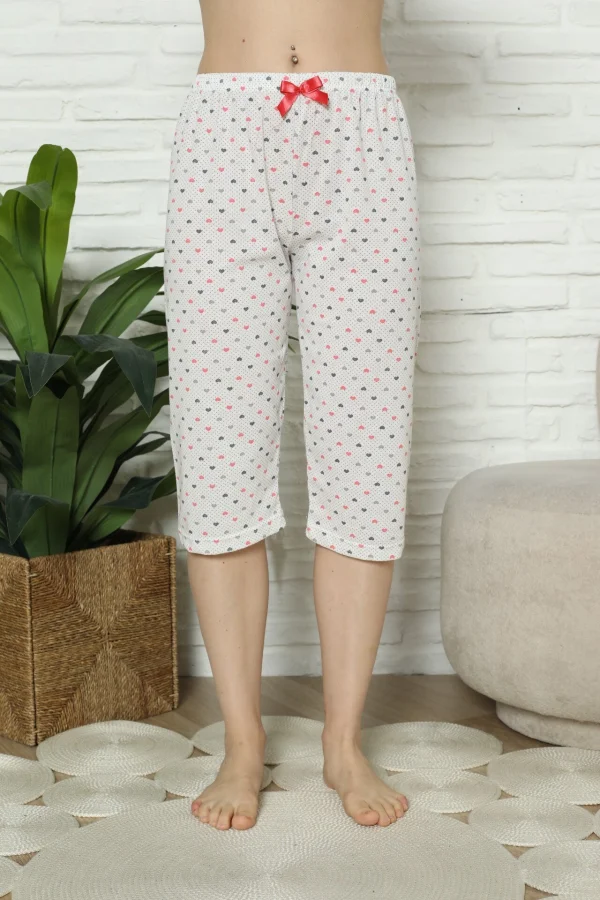 Pantaloni pijama damă 3/4, alb, imprimeu inimi