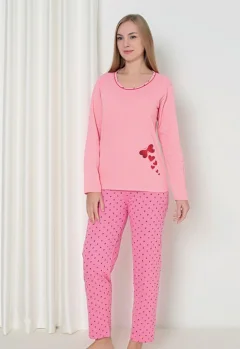 Pijama damă  cu mânecă lungă și pantaloni lungi, imprimeu fluture, culoare roz