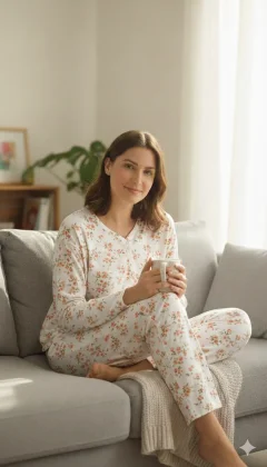 Pijama damă iarnă mărimi mari – albă cu imprimeu flori portocalii, 100% bumbac