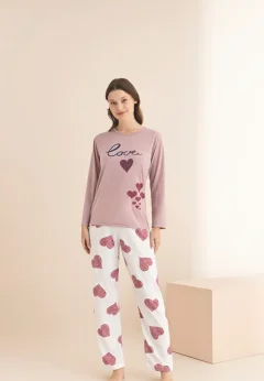 Pijama damă roz cu mânecă lungă și pantaloni lungi, imprimeu „Love You More”