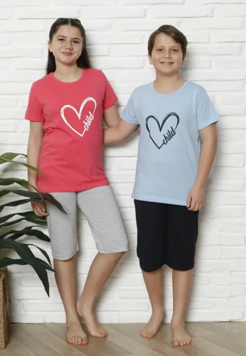 Pijama familie-copii, bumbac, mânecă scurtă și pantaloni 3/4, roz