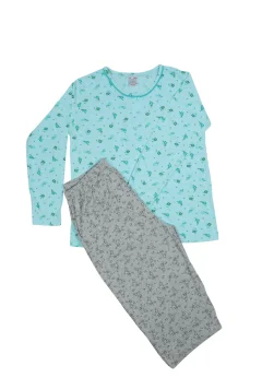 Pijama damă big size din bumbac mânecă lungă și pantaloni lungi turcoaz